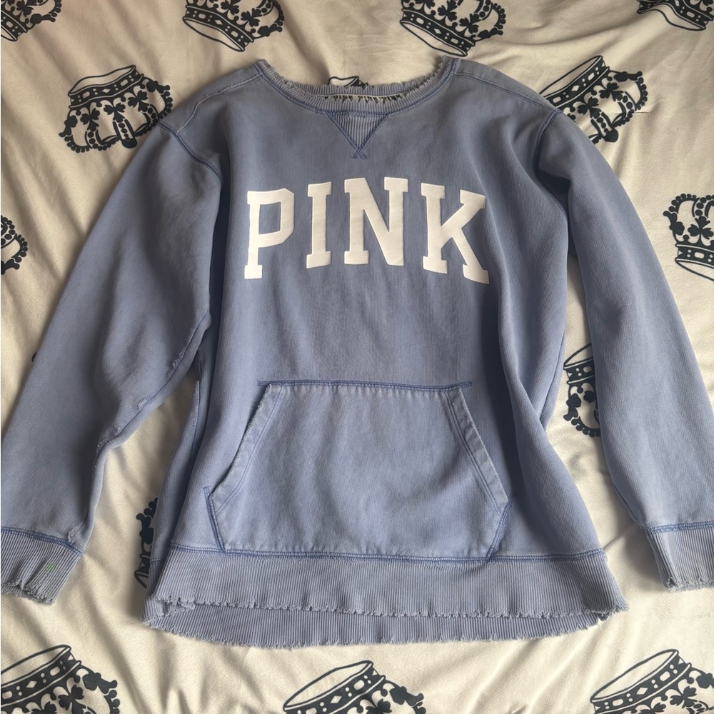 PINK Victorias Secret blue distressed crewneck